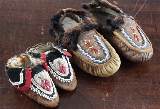 Two pairs of 19th century Native American childs moccasins, 7.5in. and 4in.